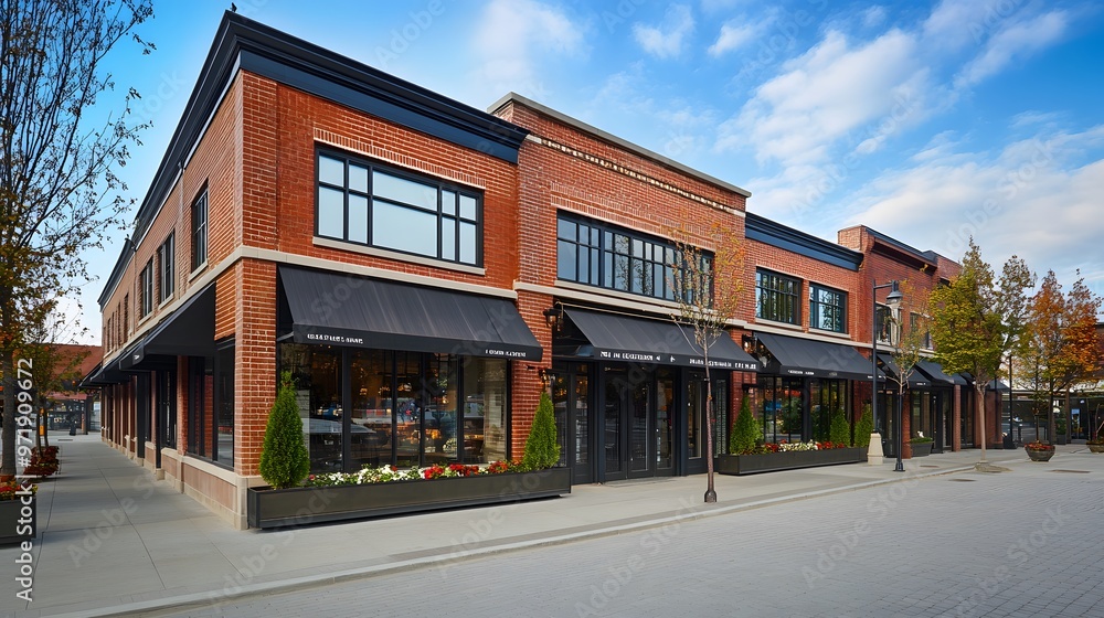 Brick building facade with storefront awnings and sidewalk. Brick building facade with storefront awnings and sidewalk.