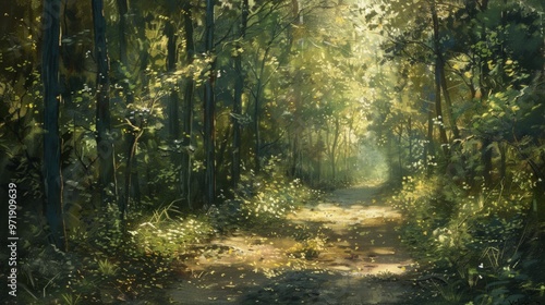 Path through a forest at sunset generative ai