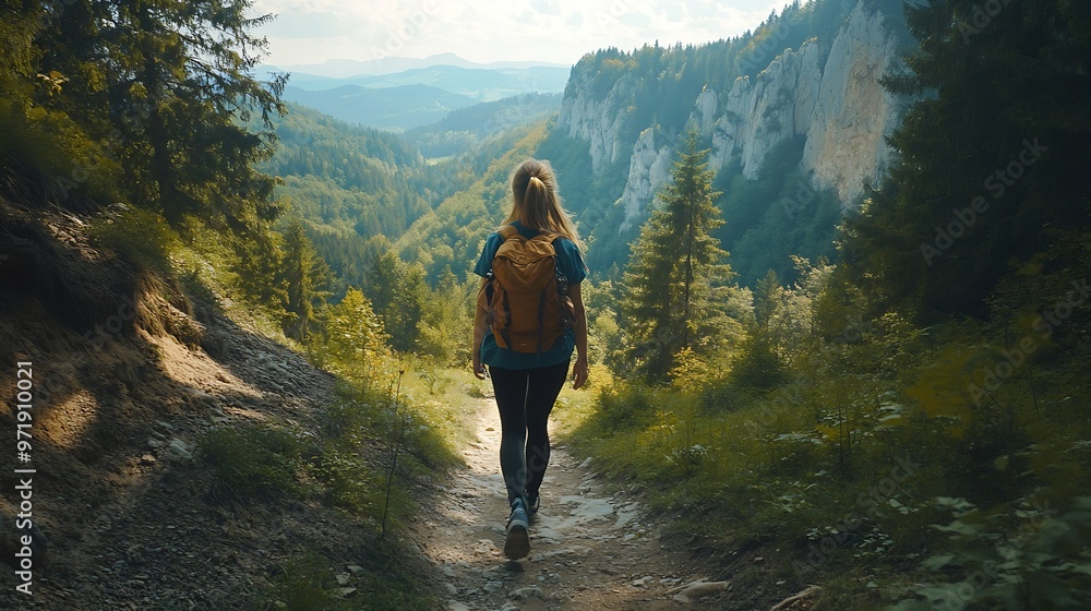Woman tourist traveler walking along hiking trails in the mountains among forests and cliffs Travel Slovakia Europe Concept of trekking active lifestyle Adventures : Generative AI Woman tourist traveler walking along hiking trails in the mountains among forests and cliffs Travel Slovakia Europe Concept of trekking active lifestyle Adventures : Generative AI