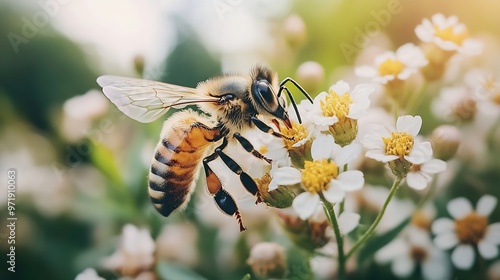 Bee in a flower garden A worker bee pollinating flowers : Generative AI
