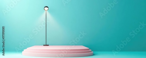 Sharp geometric stage, clean minimal design, single spotlight, 3D illustration photo