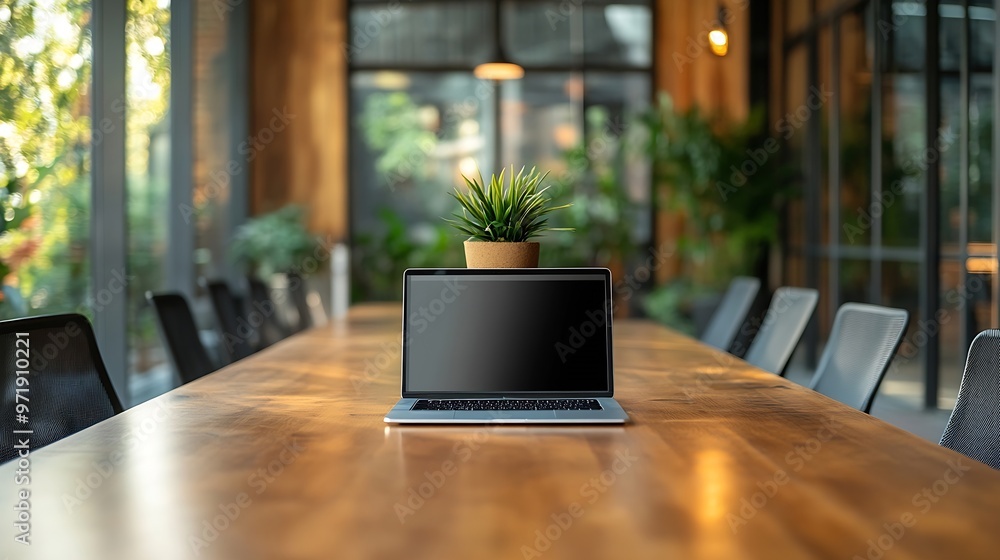 Laptop on table in wooden conference room : Generative AI Laptop on table in wooden conference room : Generative AI