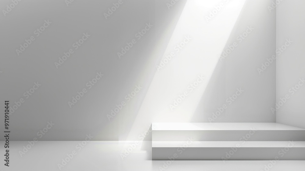 Minimalist white room with light beam qith a blank podium. Concept of space, presentation, and simplicity. Minimalist white room with light beam qith a blank podium. Concept of space, presentation, and simplicity.