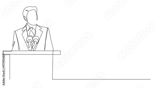 continuous line of successful businessman giving a speech on a pulpit.one line drawing of a business man making a speech in a public space.single line vector illustration.isolated white background