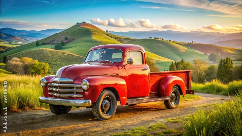 Rustic, cherry-red, 1950s-style pickup truck with faded chrome accents, worn tires, and a vintage license plate, parked in a sunny, rural landscape with rolling hills. Rustic, cherry-red, 1950s-style pickup truck with faded chrome accents, worn tires, and a vintage license plate, parked in a sunny, rural landscape with rolling hills.