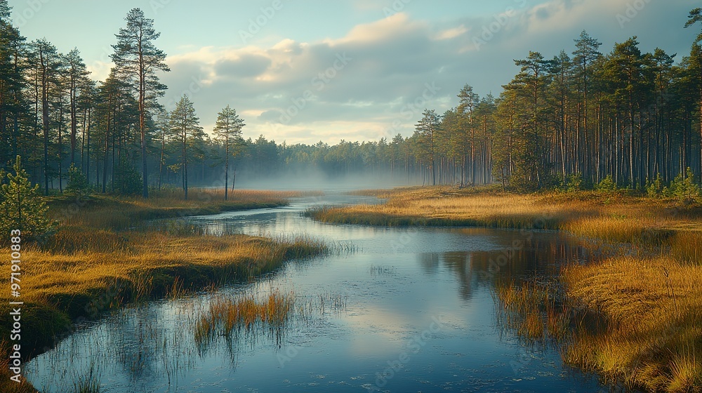 Fototapeta premium Serene River Winding Through a Misty Pine Forest