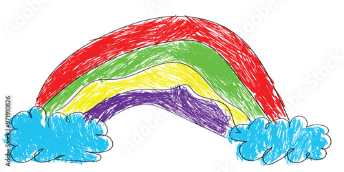 free drawing of rainbows and clouds.drawn artwork produced by children.scribbles of rainbows and clouds.vector illustration