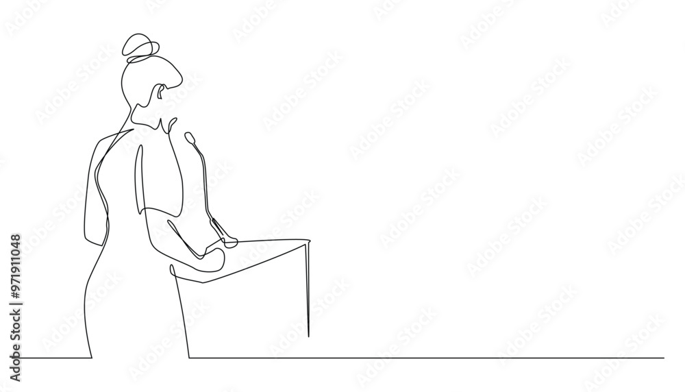 vector continuous line drawing of self-confidence, public speech. motivator woman, giving counseling at seminars, motivational speech. vector single line illustration. isolated white background vector continuous line drawing of self-confidence, public speech. motivator woman, giving counseling at seminars, motivational speech. vector single line illustration. isolated white background