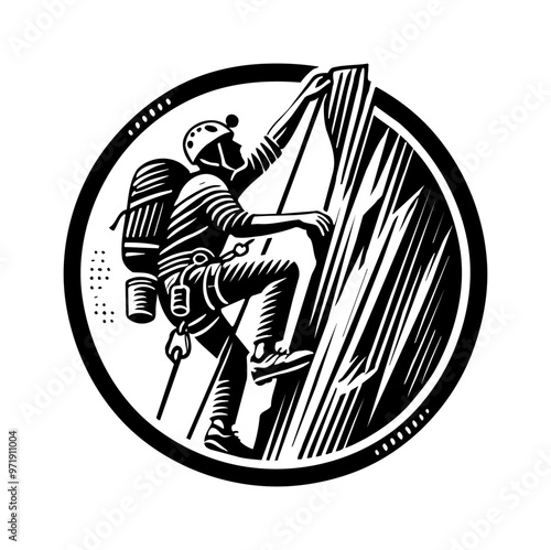 mountain climber engraving black and white outline