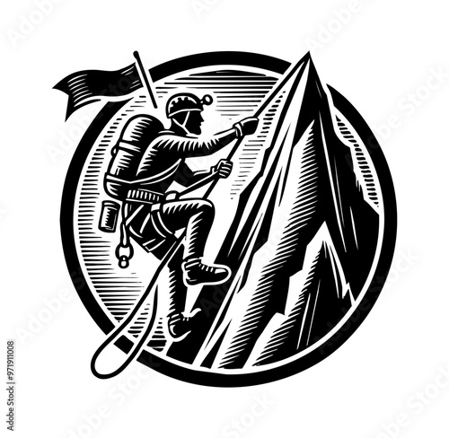 mountain climber engraving black and white outline