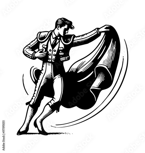 matador engraving black and white outline