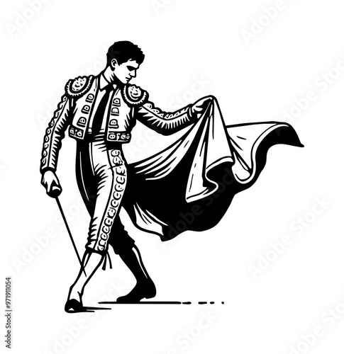 matador engraving black and white outline