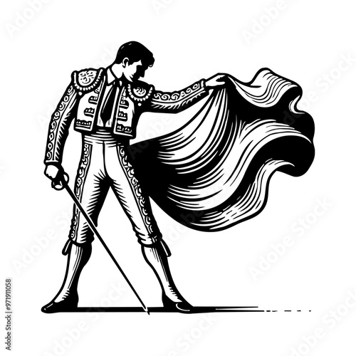 matador engraving black and white outline
