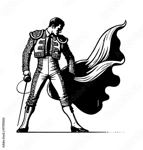 matador engraving black and white outline