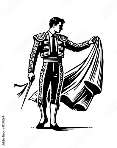 matador engraving black and white outline