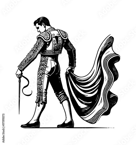 matador engraving black and white outline