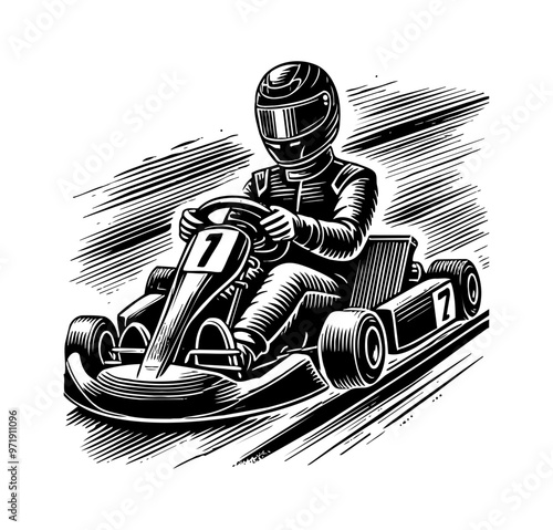 go kart driver race engraving black and white outline