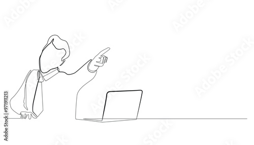 the company boss is angry, points out of the room, throws out employees. one line drawing of portrait of angry boss. one continuous line. isolated on white background