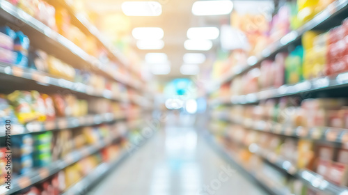 Wallpaper Mural Blurred supermarket aisle with colorful product displays on shelves, defocused background Torontodigital.ca