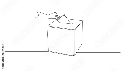 continuous line of general election ballot box. one line drawing of inserting an envelope into the ballot box. presidential election, regional head election. single line vector illustration
