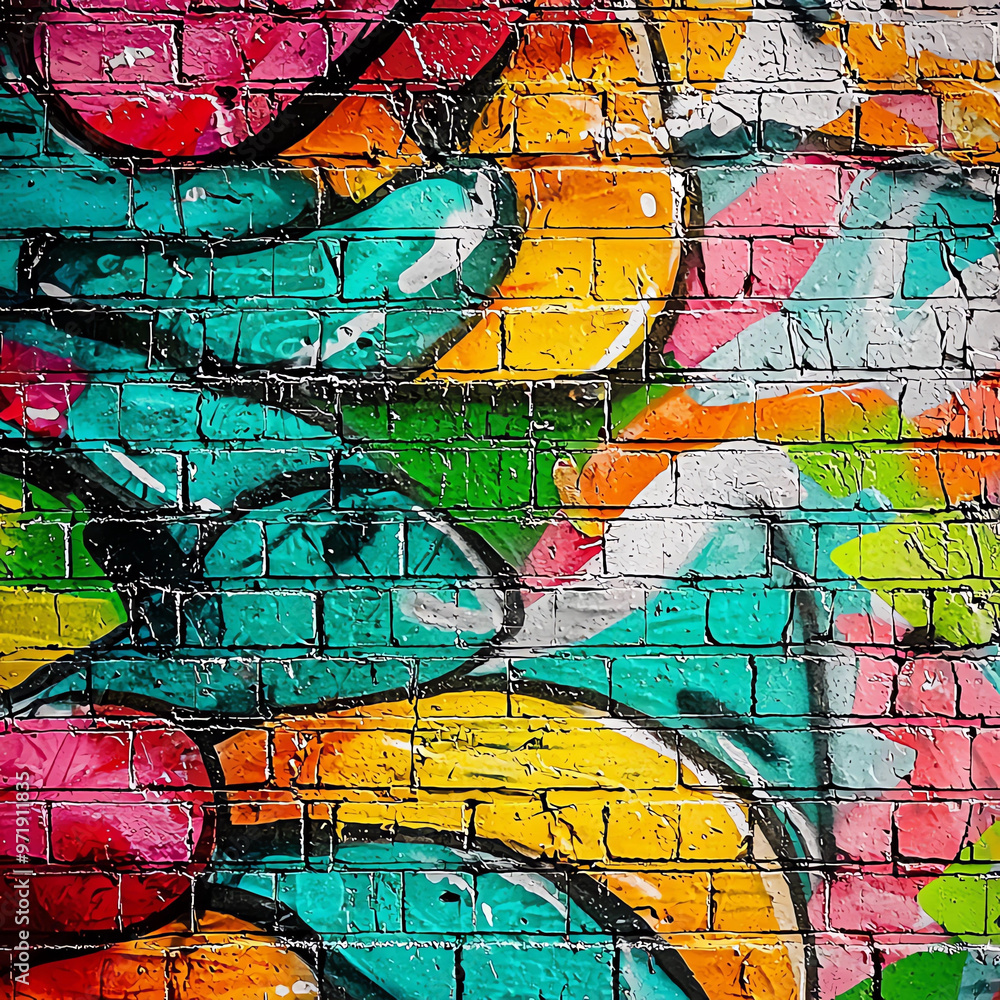 Colorful graffiti on the brick wall, vibrant and eye-catching. Colorful graffiti on the brick wall, vibrant and eye-catching.