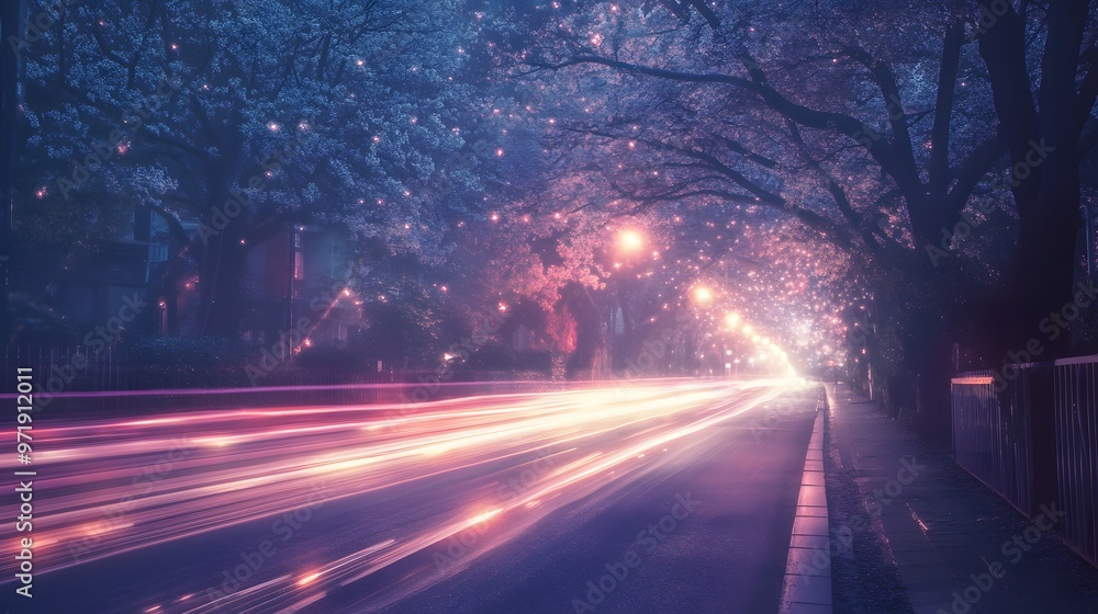 Nighttime Cityscape with Street Lights and Light Trails Nighttime Cityscape with Street Lights and Light Trails