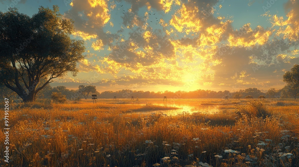 Serene sunset over a tranquil landscape with vibrant clouds. Serene sunset over a tranquil landscape with vibrant clouds.