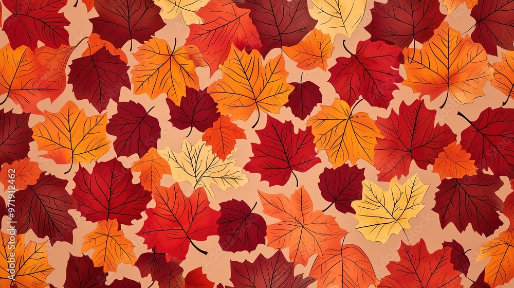 Colorful fall leaves pattern in shades of red, orange, and yellow on beige background Colorful fall leaves pattern in shades of red, orange, and yellow on beige background