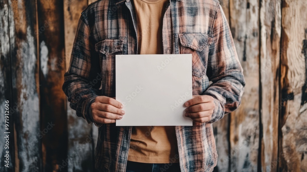 Person Holding Blank White Paper in Front of Wooden Wall Person Holding Blank White Paper in Front of Wooden Wall