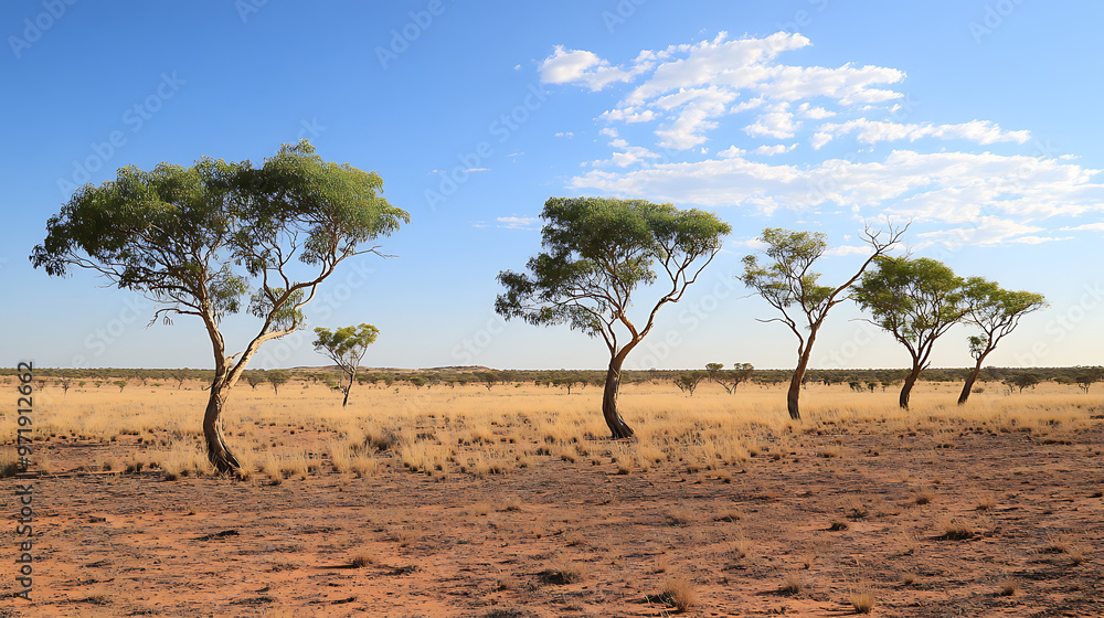 A group of small, resilient desert trees with twisted trunks, typical of the Australian Outback's unique flora A group of small, resilient desert trees with twisted trunks, typical of the Australian Outback's unique flora