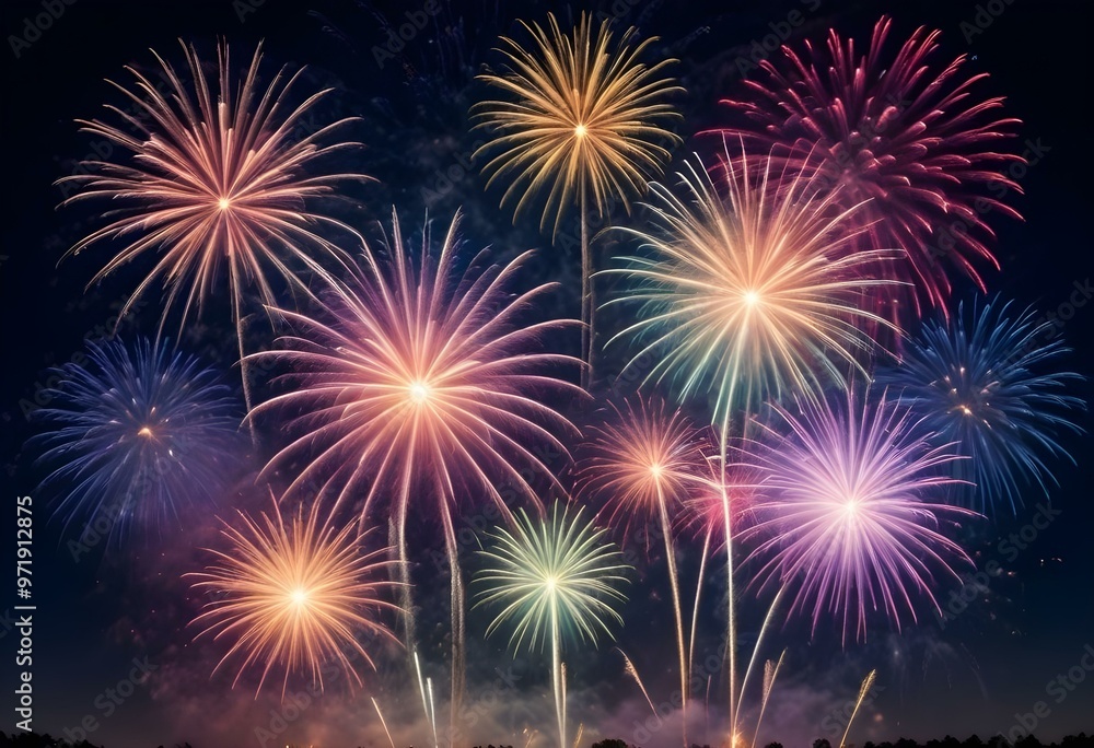 Naklejka premium Colorful fireworks exploding over a calm lake with mountains in the background