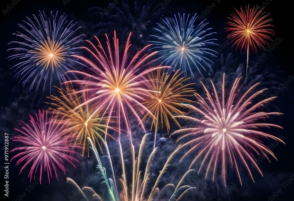 Fototapeta premium Colorful fireworks exploding over a calm lake with mountains in the background