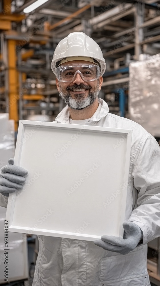 A worker in safety gear holds a blank frame in a factory setting. A worker in safety gear holds a blank frame in a factory setting.