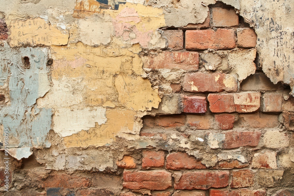 Obraz premium Weathered Brick Wall with Peeling Plaster and Graffiti