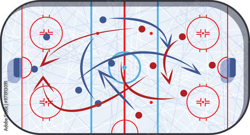 Hockey game strategy being drawn on a rink showing the puck movement and player positions