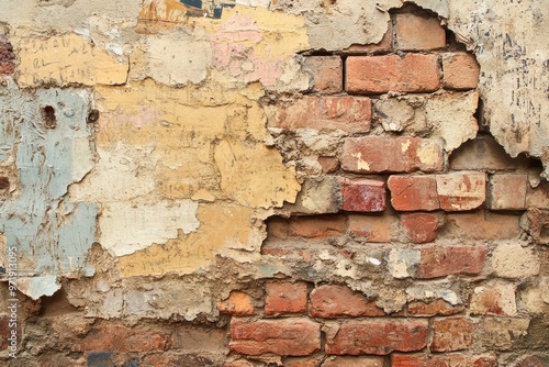 Weathered Brick Wall with Peeling Plaster and Graffiti photo