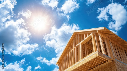 A business card design showcasing a house under construction with wooden framing, illuminated by a bright sun against a blue sky