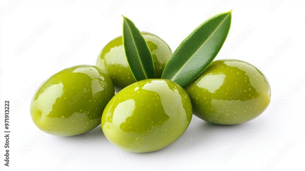 Obraz premium Four green olives with a leaf on top