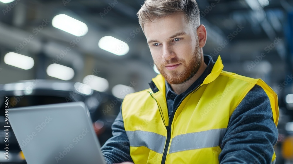 A man in a yellow vest is looking at a laptop A man in a yellow vest is looking at a laptop
