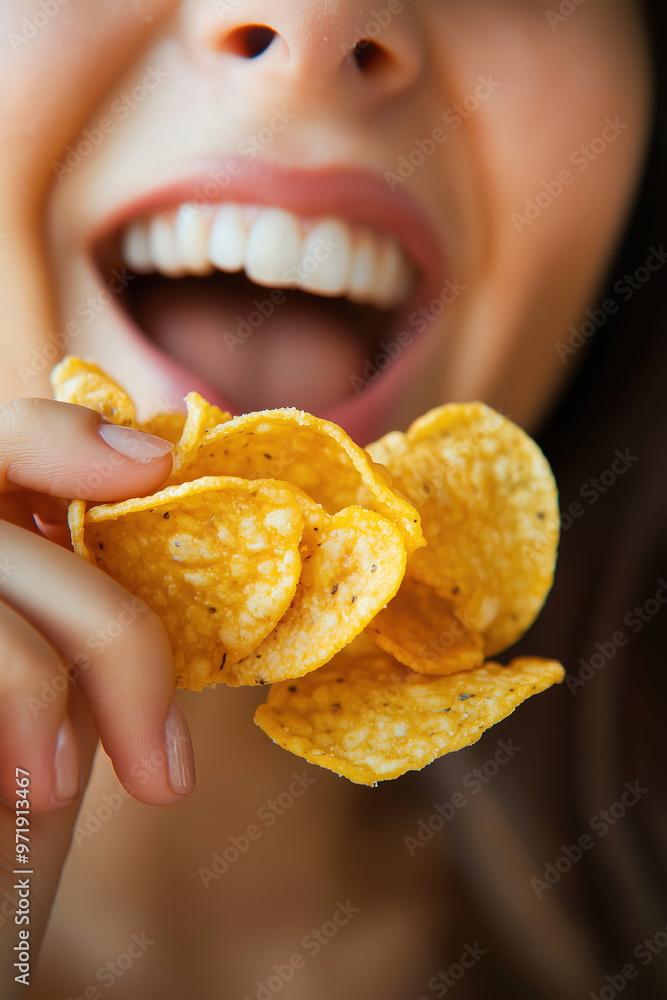 Closeup of child's mouth open wide about to eat potato chips, shallow depth of field Closeup of child's mouth open wide about to eat potato chips, shallow depth of field
