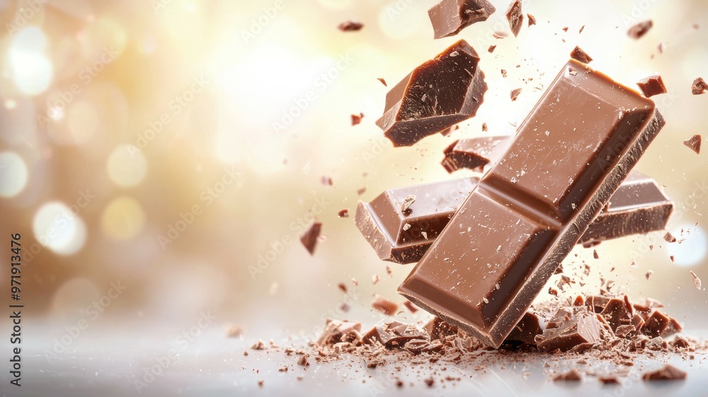 A chocolate bar is shown in pieces on a table A chocolate bar is shown in pieces on a table