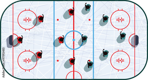 Hockey players playing hockey on the ice rink top view vector illustration