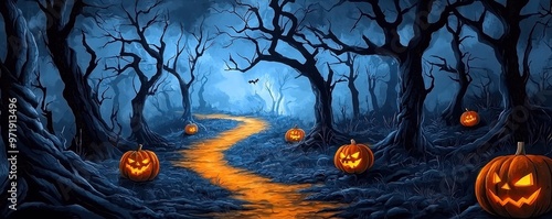 Haunted forest path, lined with twisted trees, glowing pumpkins. Halloween adventure  photo