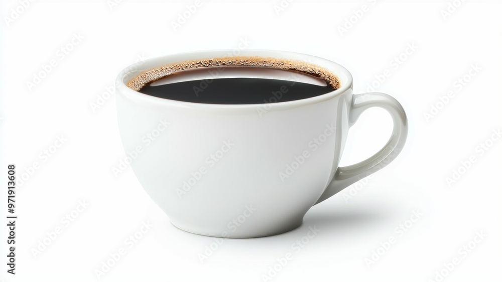A white coffee cup with a dark brown liquid in it A white coffee cup with a dark brown liquid in it