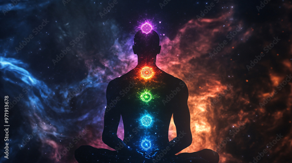 Yoga meditation outdoors. Glowing seven all chakra. sits in a Salute pose on beach sunset view, Kundalini energy
Yoga meditation outdoors. Glowing seven all chakra. sits in a Salute pose on beach sunset view, Kundalini energy