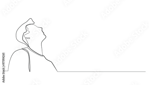 continuous line of young man looking up.one line drawing of man curious and looking up.line vector illustration of man fretting and praying.isolated white background