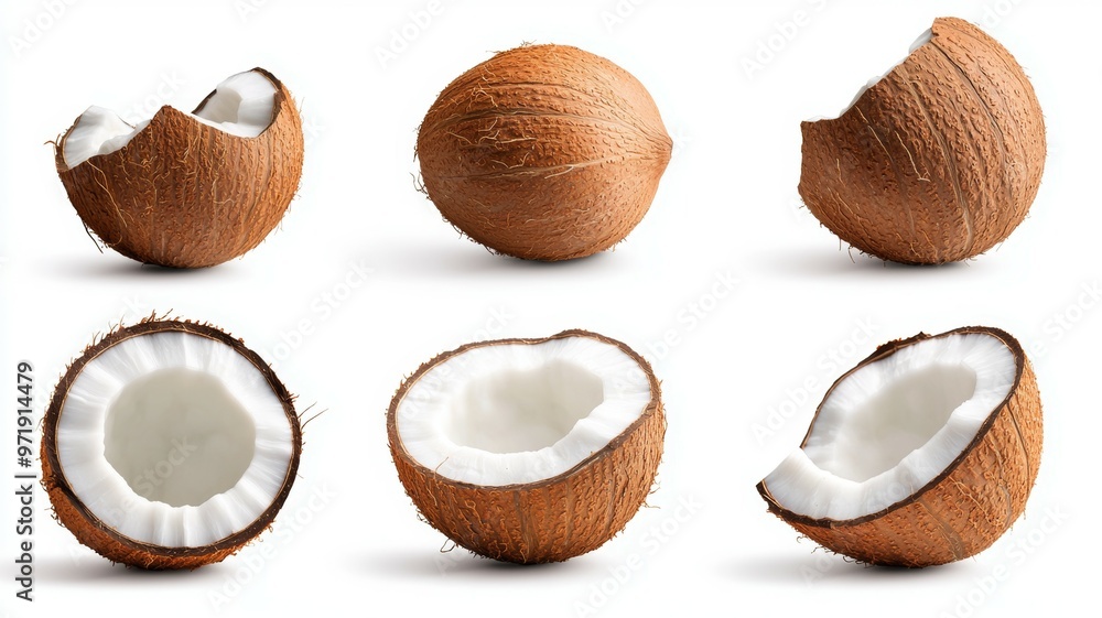 A close up of six different coconuts A close up of six different coconuts