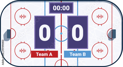 Hockey field is showing scoreboard with result and timer displaying zero to zero score during ice hockey game beginning or end of match