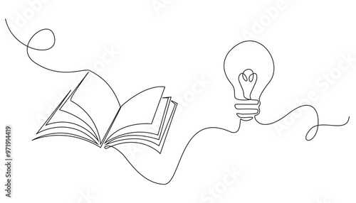 continuous line drawing of open book and light bulb.one line vector drawing of book and light bulb.concept of education in one line vector.background of world book day,international education day.