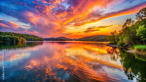 Serene sunset over Lake of the Cherokees, also known as Lake Sulfur, Oklahoma, with calm waters reflecting vibrant orange and pink hues of the sky.